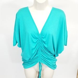 Kensie Ruched drawsting Turquoise V-neck Top